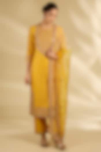 Mustard Spun Silk Marori Work Kurta Set by SURBHI SHAH at Pernia's Pop Up Shop
