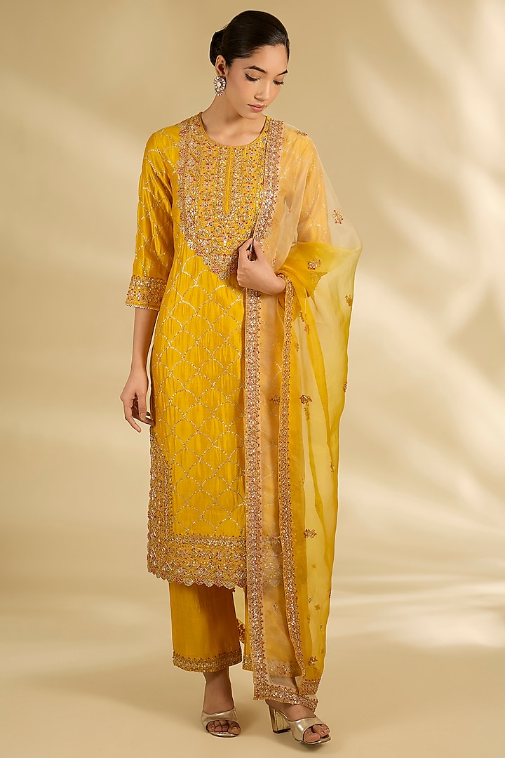 Mustard Spun Silk Marori Work Kurta Set by SURBHI SHAH at Pernia's Pop Up Shop