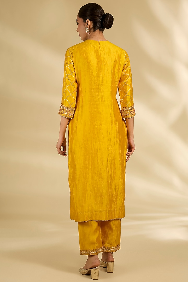 Mustard Spun Silk Marori Work Kurta Set by SURBHI SHAH at Pernia's Pop Up Shop