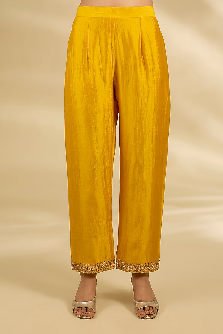 Mustard Spun Silk Marori Work Kurta Set by SURBHI SHAH at Pernia's Pop Up Shop