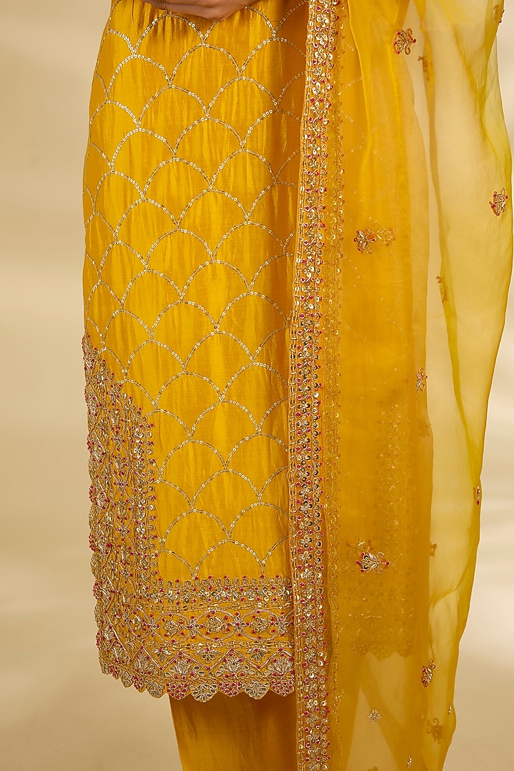 Mustard Spun Silk Marori Work Kurta Set by SURBHI SHAH at Pernia's Pop Up Shop