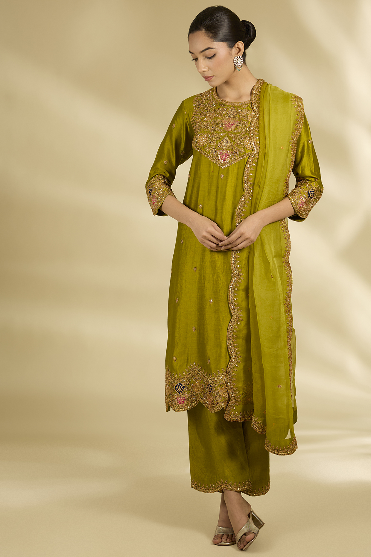 Lime Green Spun Silk Mirror Work Kurta Set by SURBHI SHAH at Pernia's Pop Up Shop
