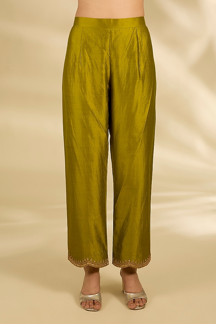 Lime Green Spun Silk Mirror Work Kurta Set by SURBHI SHAH at Pernia's Pop Up Shop
