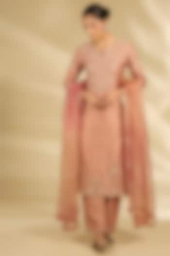 Old Rose Spun Silk Pearl Work Angrakha Kurta Set by SURBHI SHAH at Pernia's Pop Up Shop