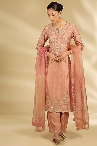 Old Rose Spun Silk Pearl Work Angrakha Kurta Set by SURBHI SHAH