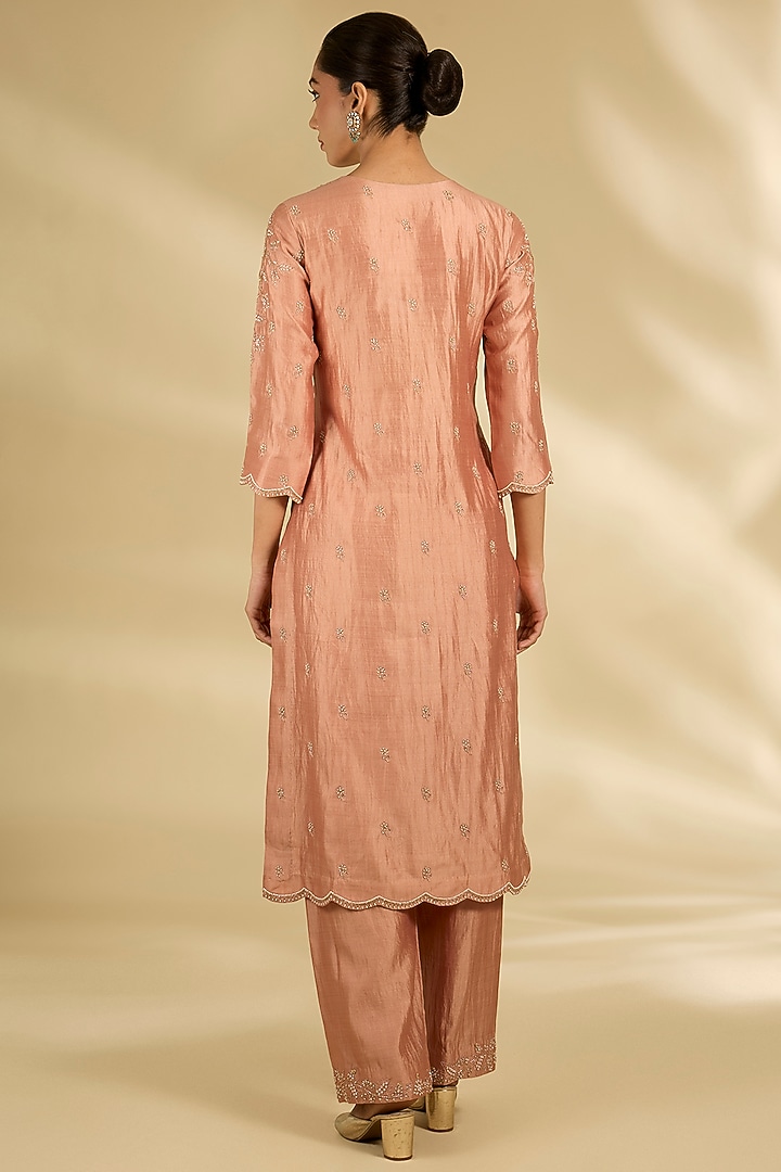 Old Rose Spun Silk Pearl Work Angrakha Kurta Set by SURBHI SHAH at Pernia's Pop Up Shop