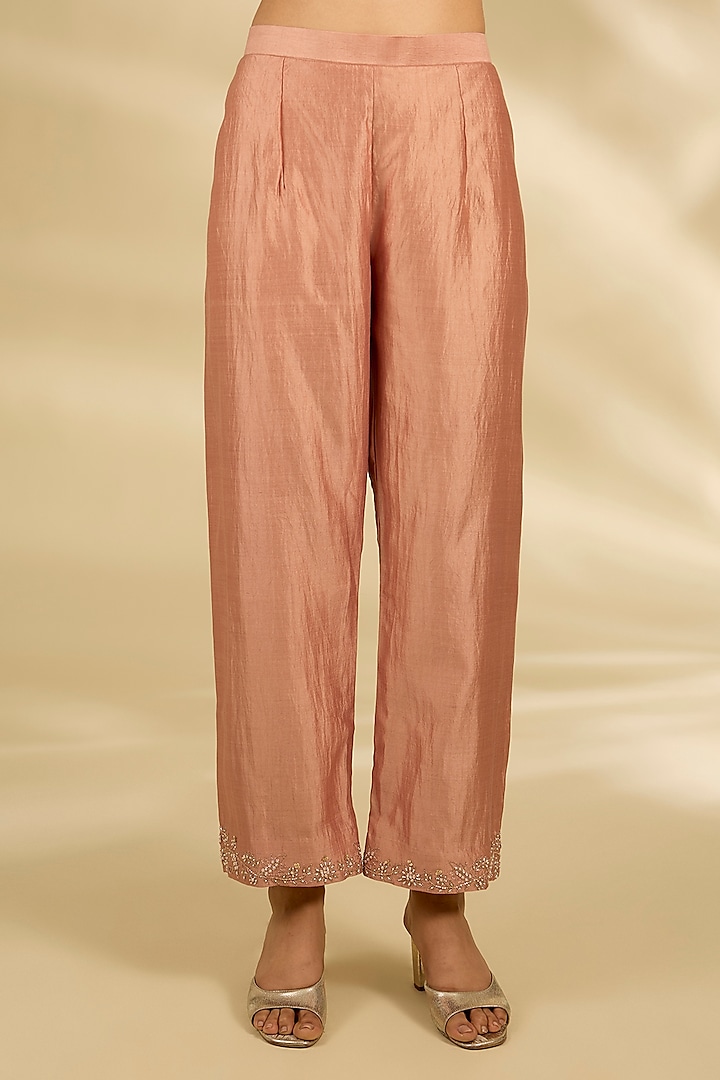 Old Rose Spun Silk Pearl Work Angrakha Kurta Set by SURBHI SHAH at Pernia's Pop Up Shop