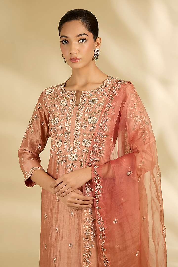 Old Rose Spun Silk Pearl Work Angrakha Kurta Set by SURBHI SHAH at Pernia's Pop Up Shop