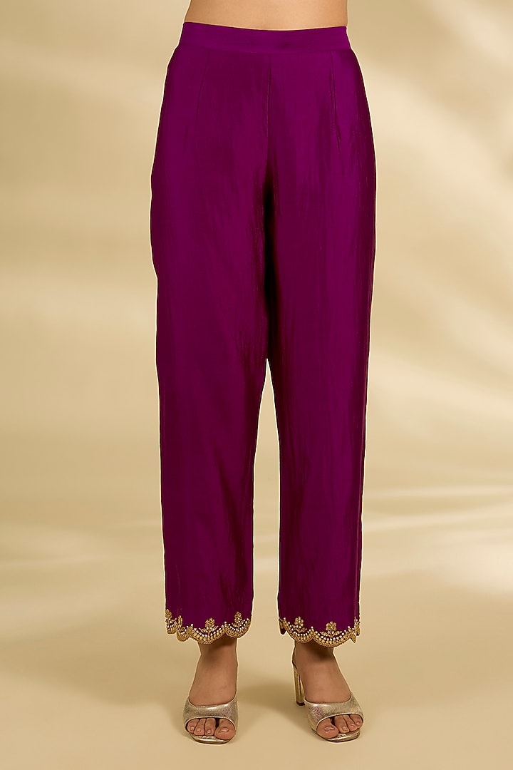 Deep Grape Spun Silk Mirror Work Kurta Set by SURBHI SHAH at Pernia's Pop Up Shop