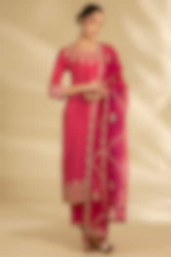 Strawberry Red Spun Silk Gota Work Kurta Set by SURBHI SHAH at Pernia's Pop Up Shop