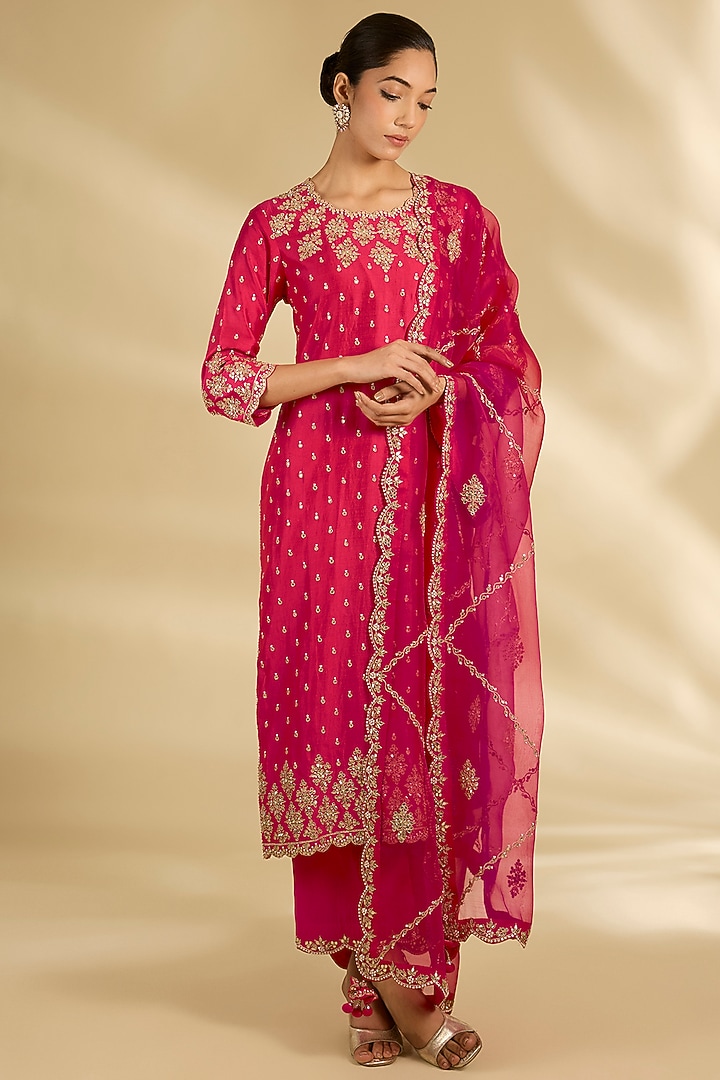 Strawberry Red Spun Silk Gota Work Kurta Set by SURBHI SHAH at Pernia's Pop Up Shop