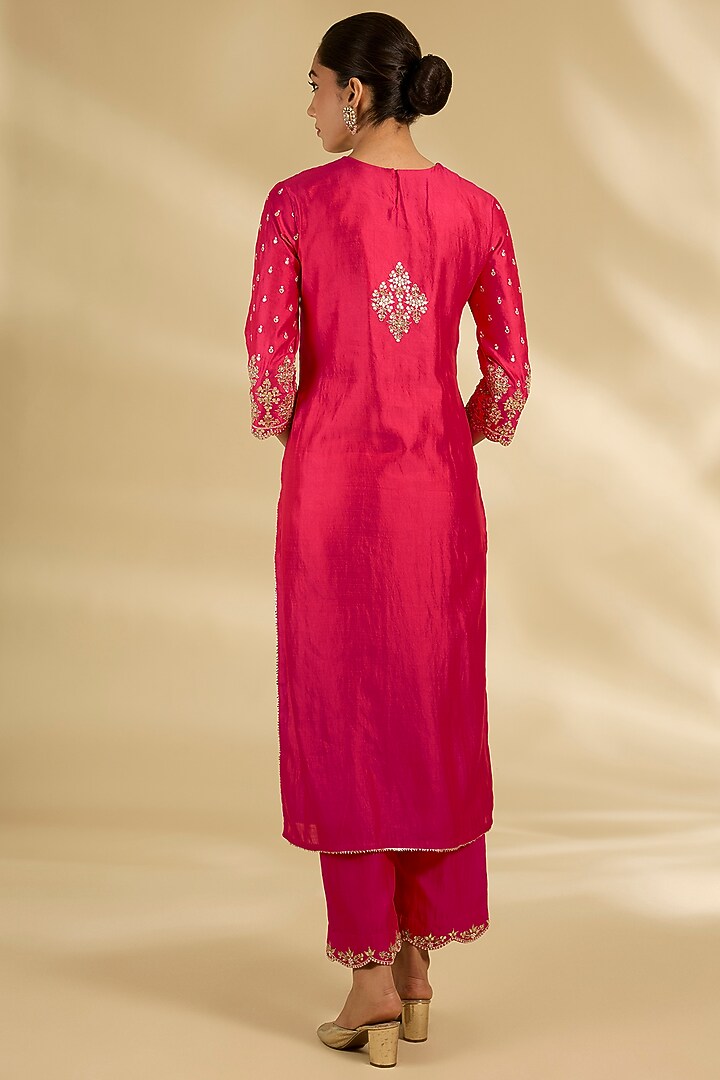 Strawberry Red Spun Silk Gota Work Kurta Set by SURBHI SHAH at Pernia's Pop Up Shop