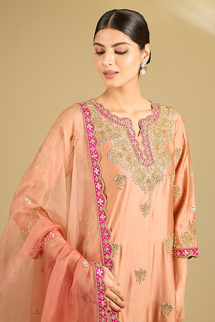 Old Rose Spun Silk Patchwork Kurta Set by SURBHI SHAH at Pernia's Pop Up Shop