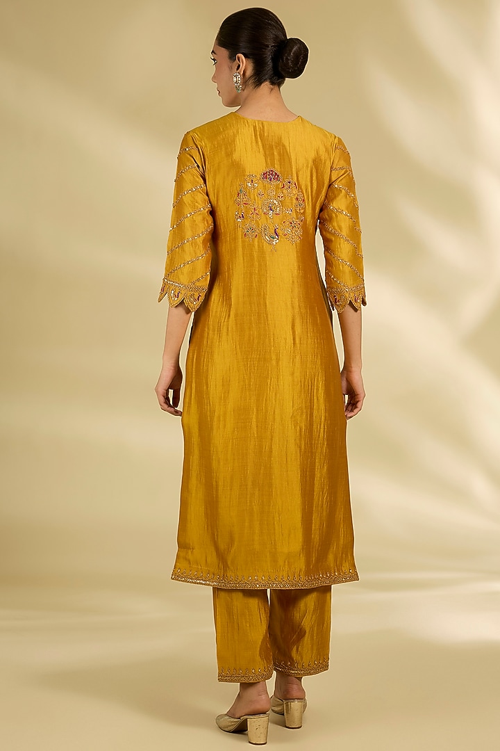 Mustard Yellow Spun Silk Resham Work Kurta Set by SURBHI SHAH at Pernia's Pop Up Shop