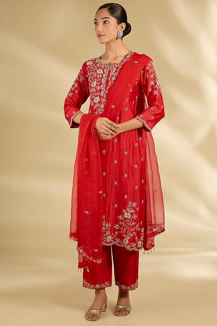 Sunset Orange Spun Silk Pearl Work Kurta Set by SURBHI SHAH at Pernia's Pop Up Shop