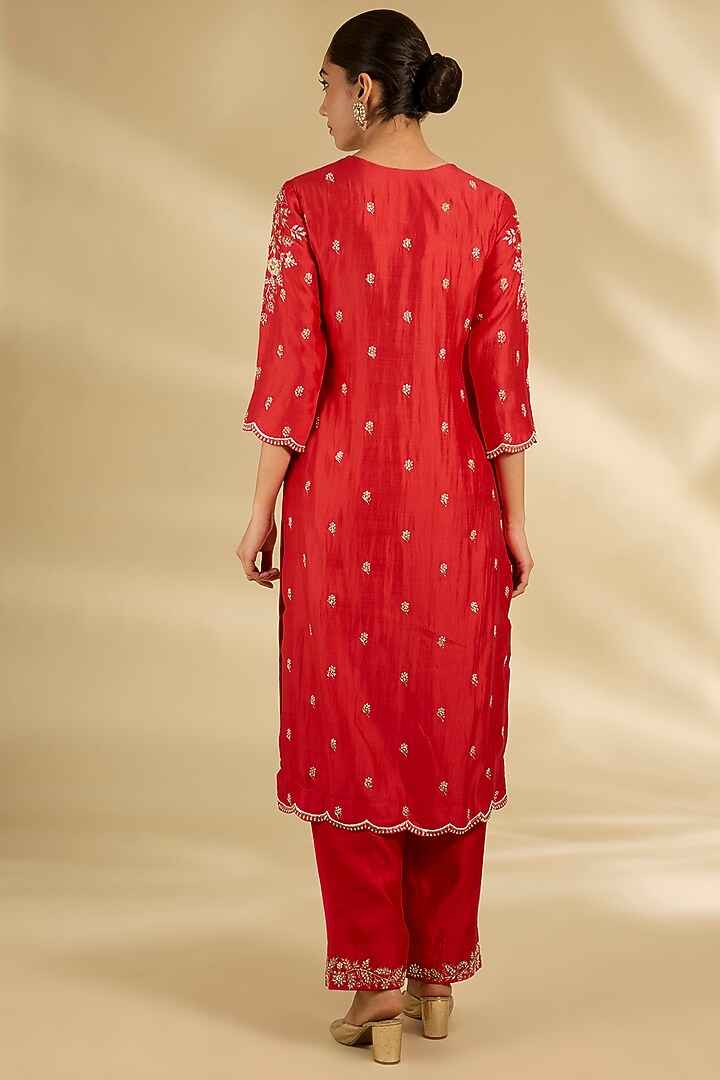 Sunset Orange Spun Silk Pearl Work Kurta Set by SURBHI SHAH at Pernia's Pop Up Shop