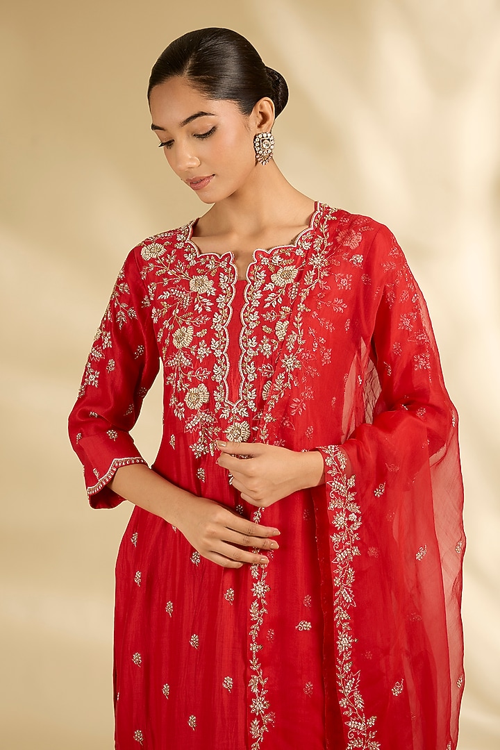 Sunset Orange Spun Silk Pearl Work Kurta Set by SURBHI SHAH at Pernia's Pop Up Shop