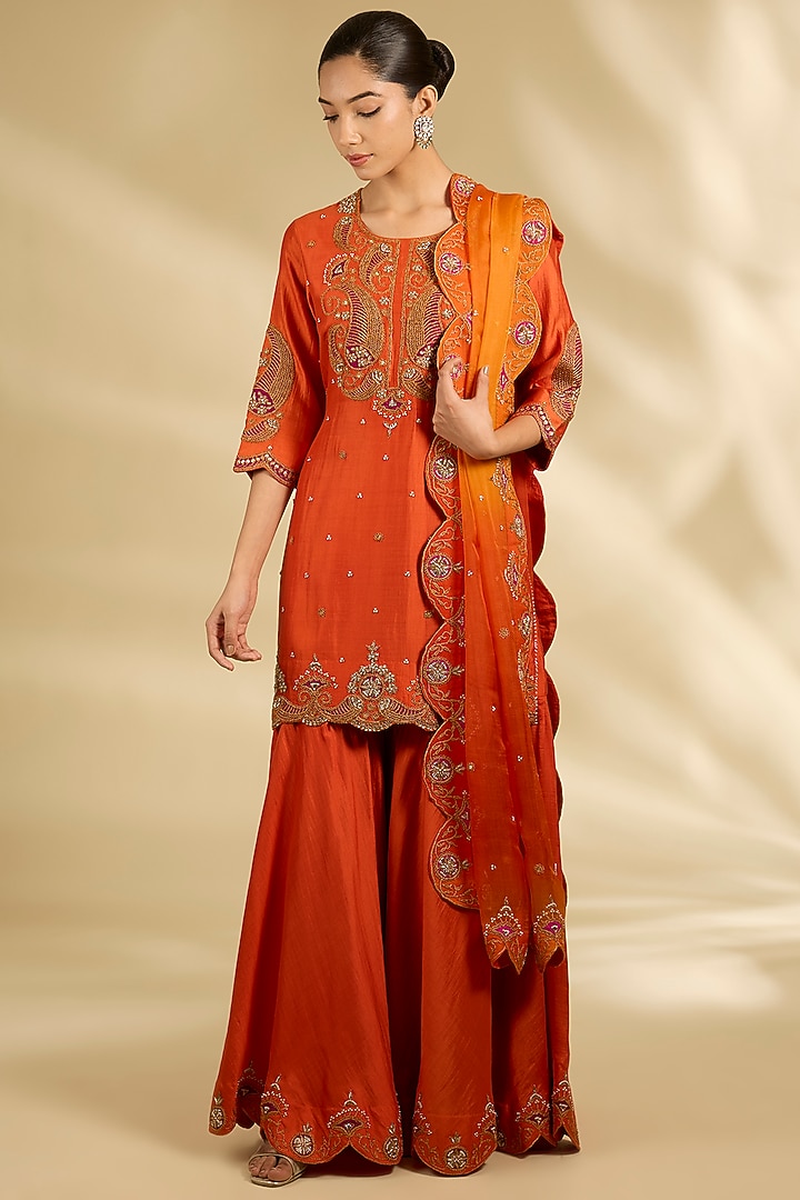 Orange Spun Silk Marori Work Wedding Sharara Set by SURBHI SHAH at Pernia's Pop Up Shop