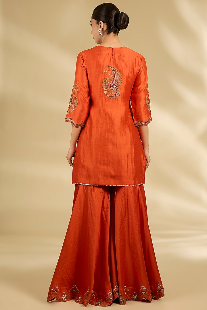 Orange Spun Silk Marori Work Wedding Sharara Set by SURBHI SHAH at Pernia's Pop Up Shop