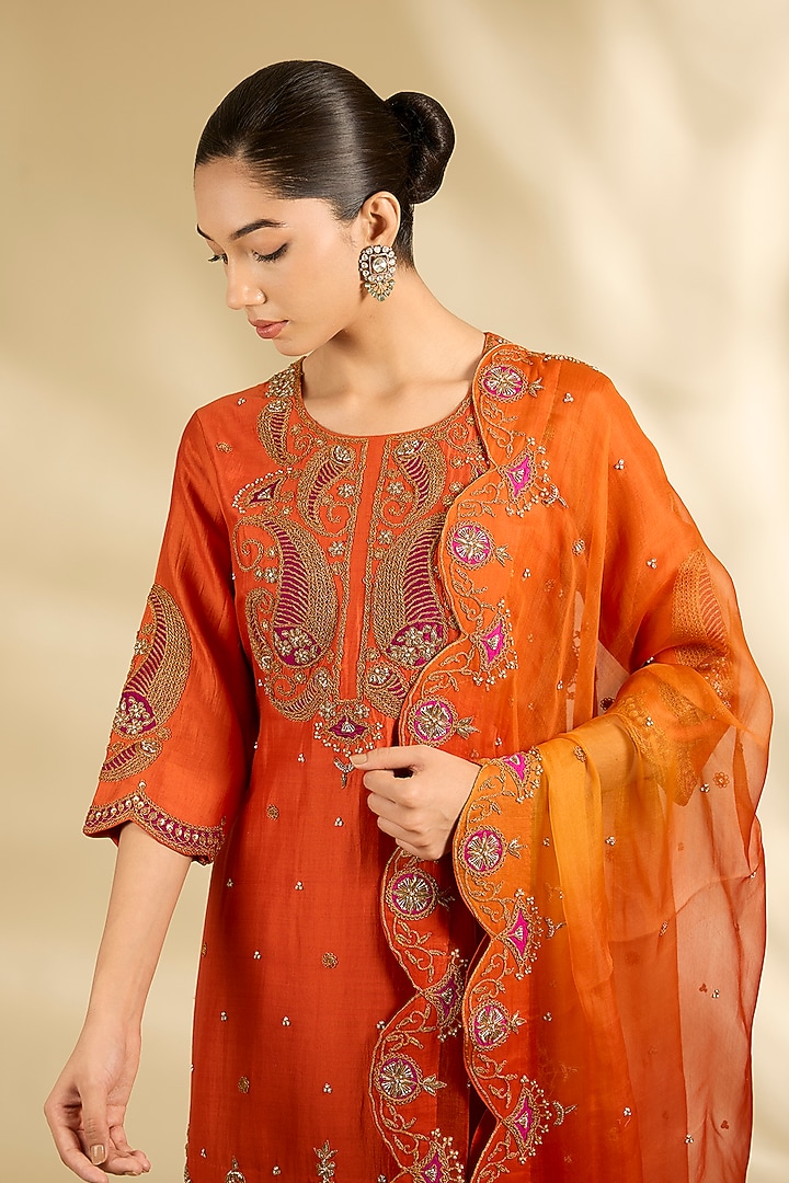Orange Spun Silk Marori Work Wedding Sharara Set by SURBHI SHAH at Pernia's Pop Up Shop