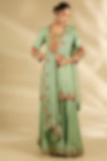 Sea Green Spun Silk Marori Work Wedding Sharara Set by SURBHI SHAH at Pernia's Pop Up Shop