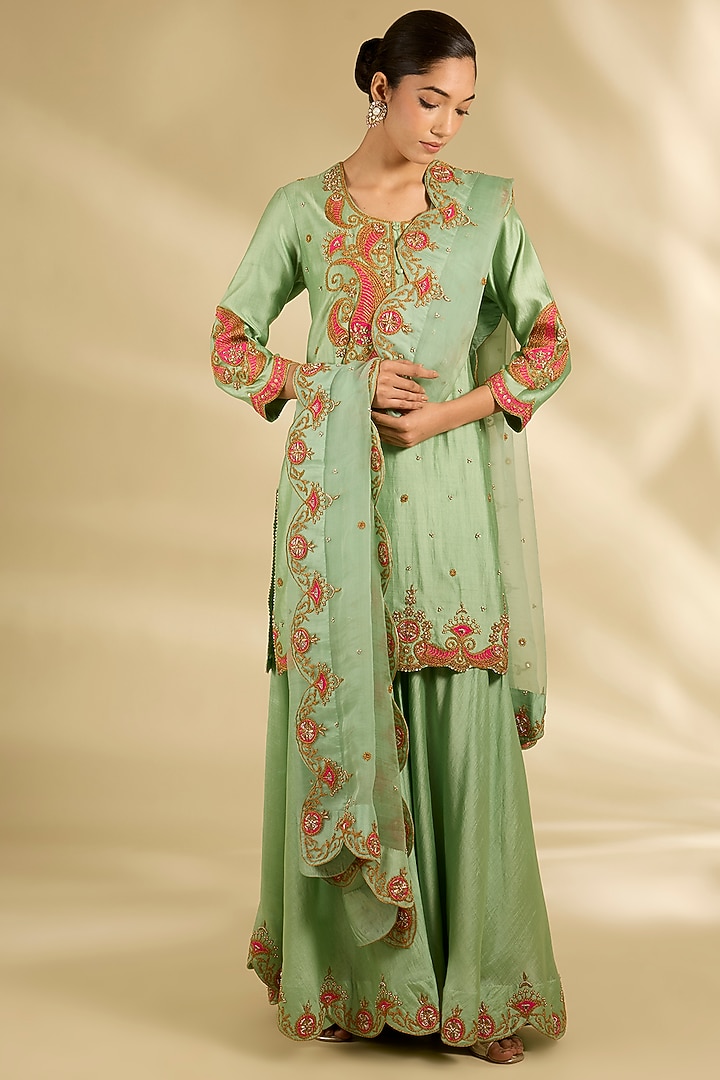 Sea Green Spun Silk Marori Work Wedding Sharara Set by SURBHI SHAH at Pernia's Pop Up Shop