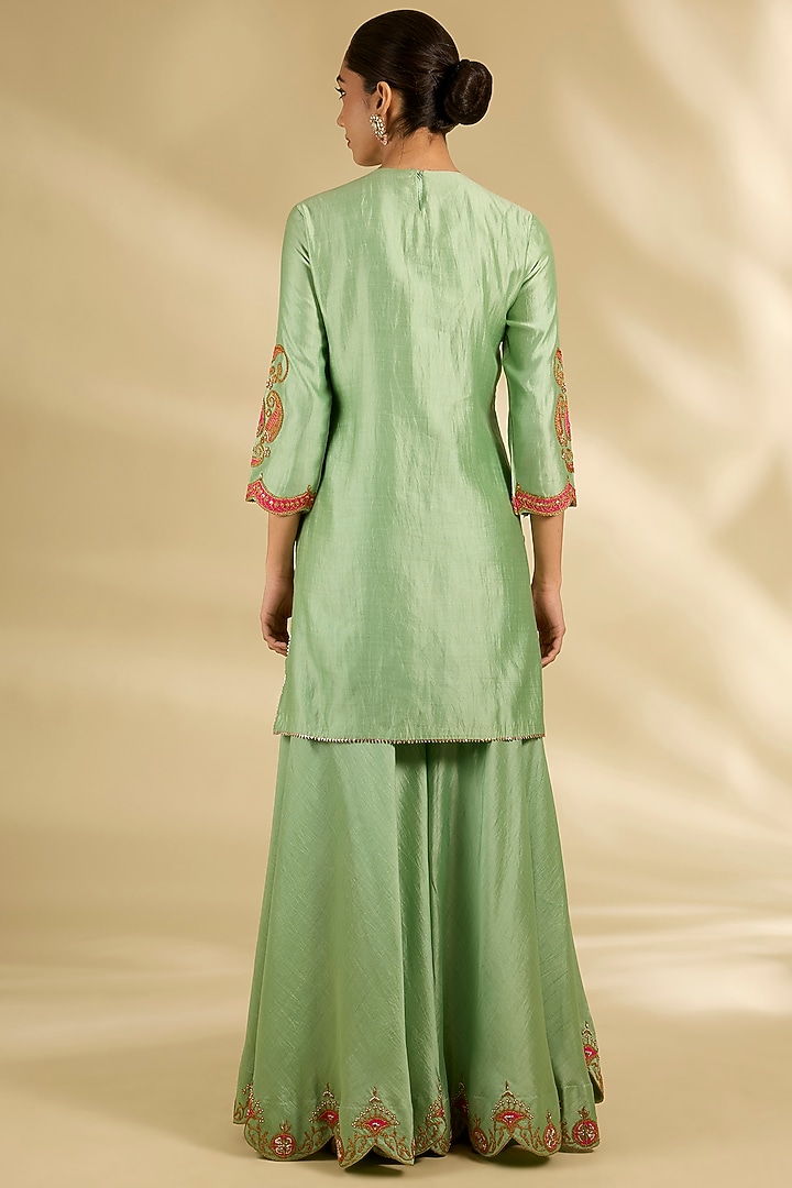Sea Green Spun Silk Marori Work Wedding Sharara Set by SURBHI SHAH at Pernia's Pop Up Shop