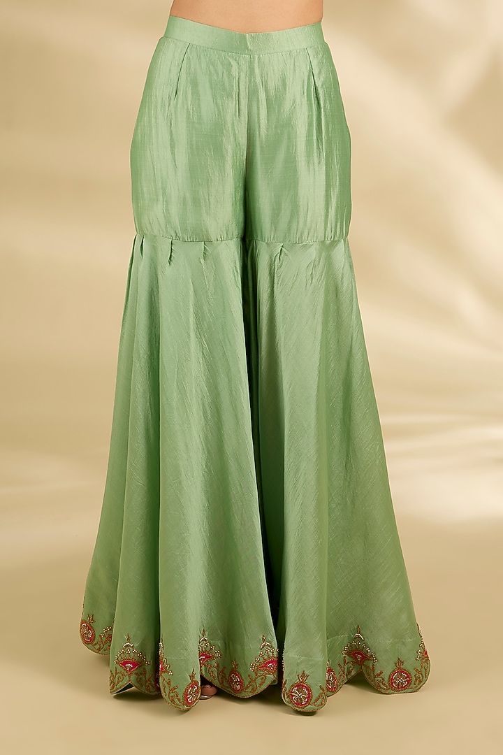Sea Green Spun Silk Marori Work Wedding Sharara Set by SURBHI SHAH at Pernia's Pop Up Shop