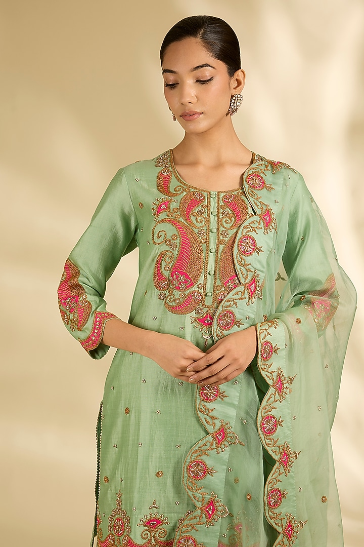 Sea Green Spun Silk Marori Work Wedding Sharara Set by SURBHI SHAH at Pernia's Pop Up Shop