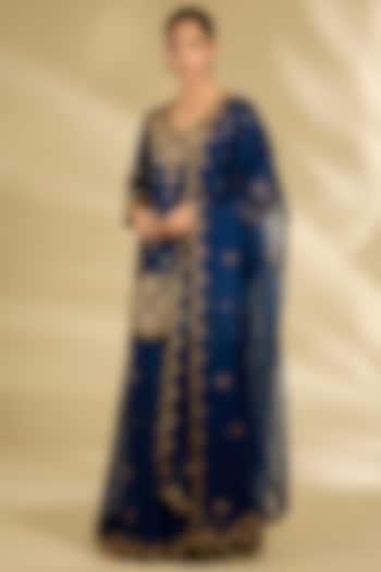 Navy Blue Spun Organza Marori Work Wedding Sharara Set by SURBHI SHAH at Pernia's Pop Up Shop