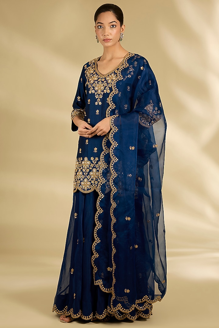 Navy Blue Spun Organza Marori Work Wedding Sharara Set by SURBHI SHAH at Pernia's Pop Up Shop