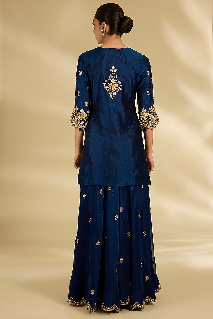 Navy Blue Spun Organza Marori Work Wedding Sharara Set by SURBHI SHAH at Pernia's Pop Up Shop