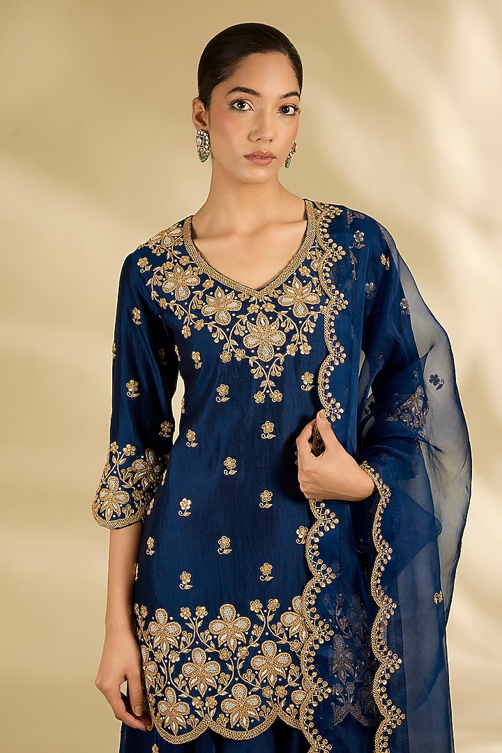 Navy Blue Spun Organza Marori Work Wedding Sharara Set by SURBHI SHAH at Pernia's Pop Up Shop