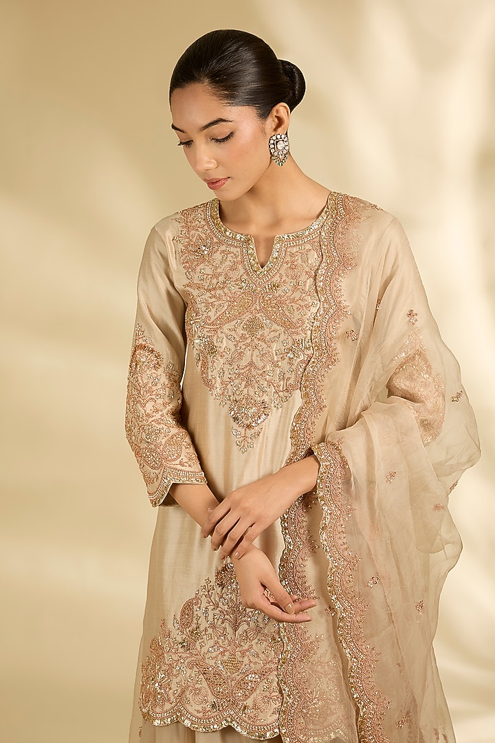 Pearl White Spun Organza Sequins Work Kurta Set by SURBHI SHAH at Pernia's Pop Up Shop