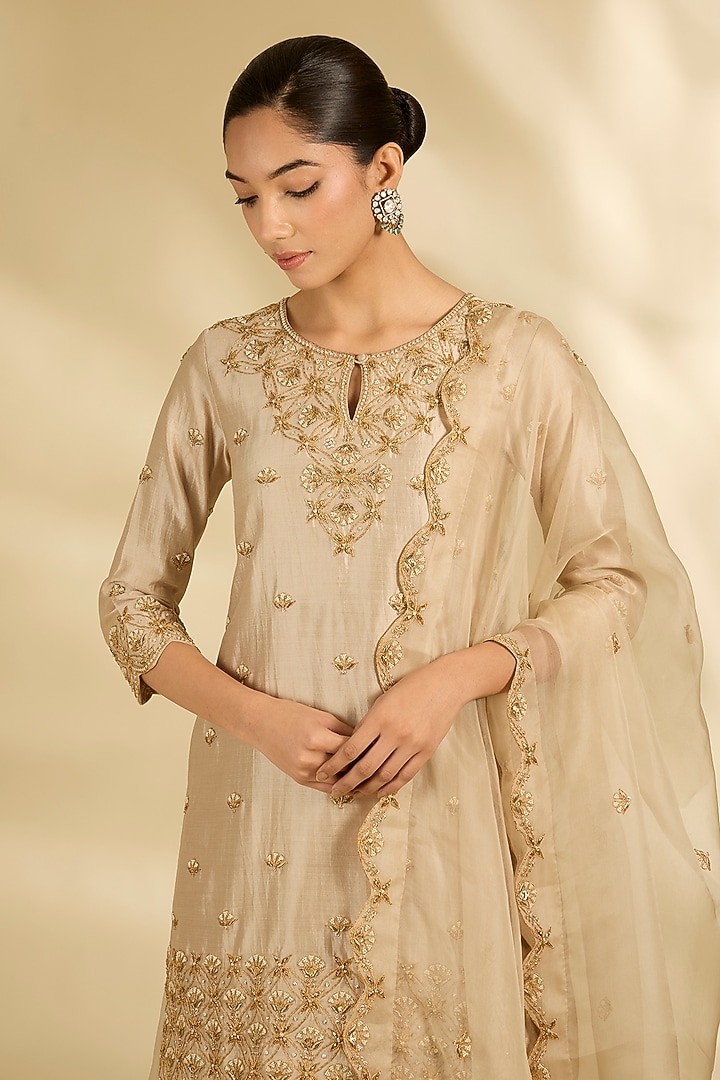 Pearl White Spun Organza Hand Embroidered Wedding Sharara Set by SURBHI SHAH at Pernia's Pop Up Shop