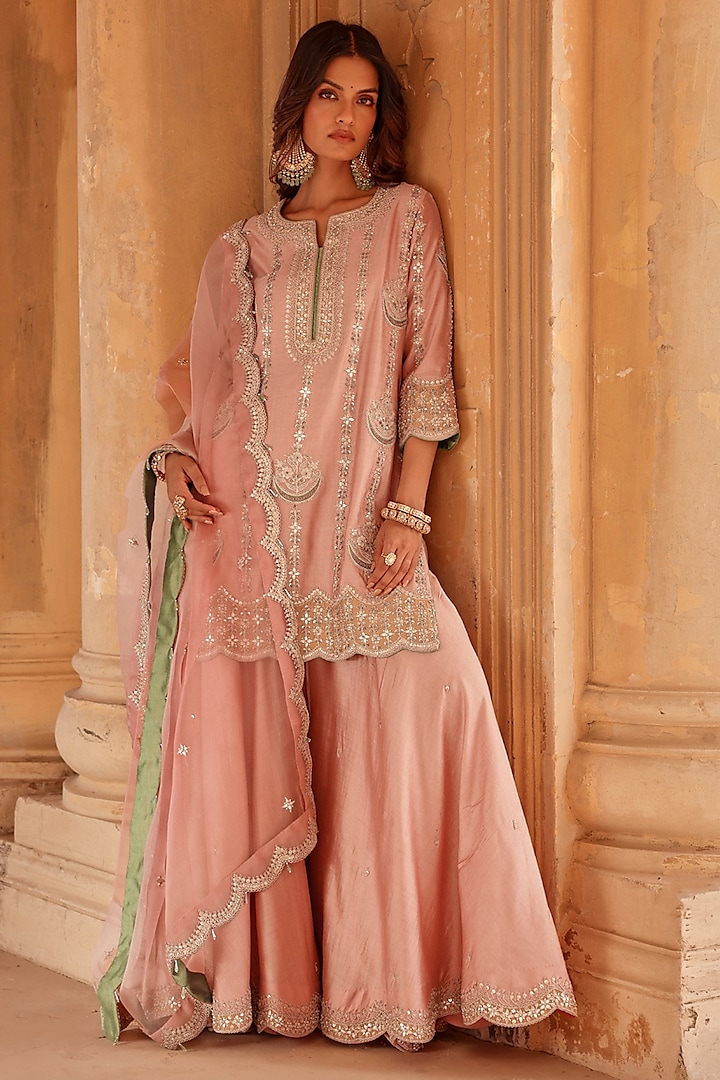 Old Rose Spun Silk Gota Work Wedding Sharara Set by Surbhi Shah at Pernia's Pop Up Shop