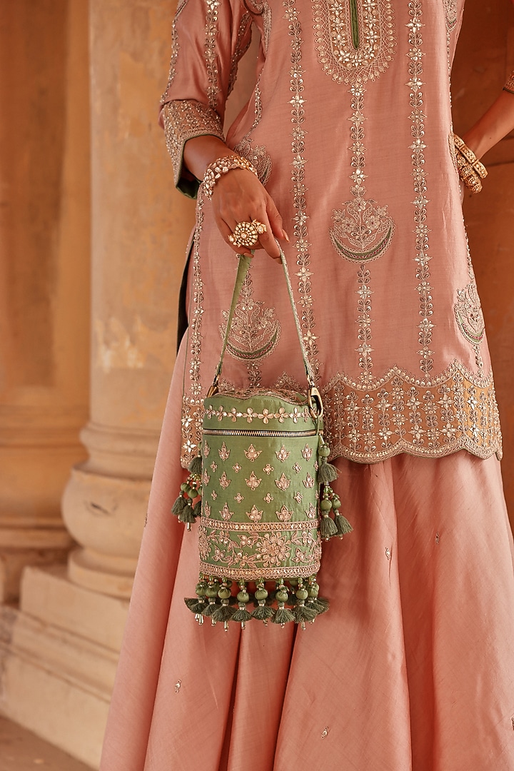 Old Rose Spun Silk Gota Work Wedding Sharara Set by Surbhi Shah at Pernia's Pop Up Shop