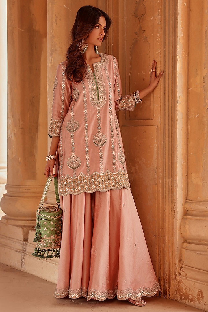 Old Rose Spun Silk Gota Work Wedding Sharara Set by Surbhi Shah at Pernia's Pop Up Shop