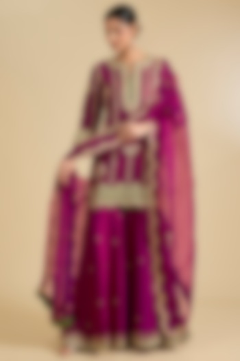 Berry Magenta Spun Silk Marori Work Wedding Sharara Set by Surbhi Shah at Pernia's Pop Up Shop