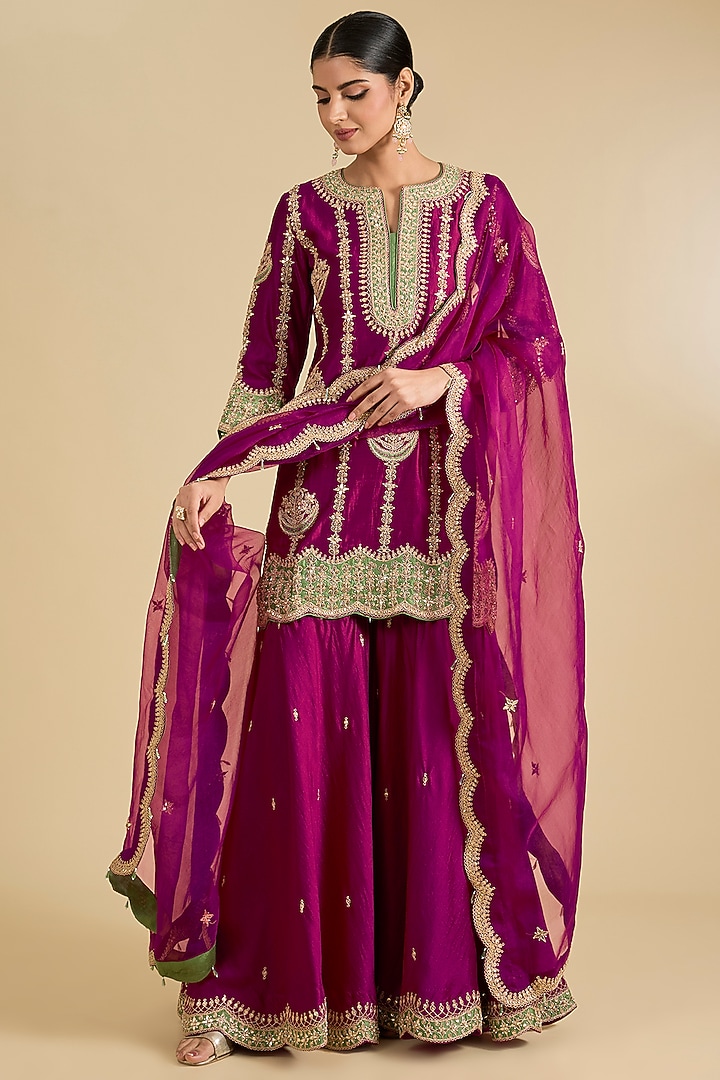 Berry Magenta Spun Silk Marori Work Wedding Sharara Set by Surbhi Shah at Pernia's Pop Up Shop