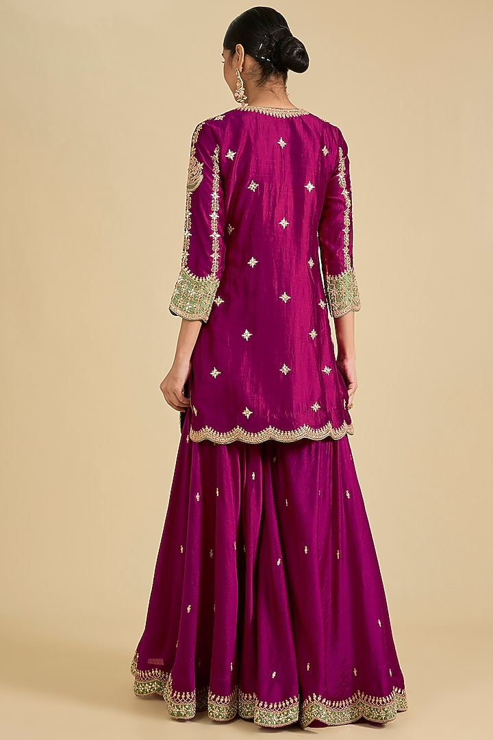 Berry Magenta Spun Silk Marori Work Wedding Sharara Set by Surbhi Shah at Pernia's Pop Up Shop