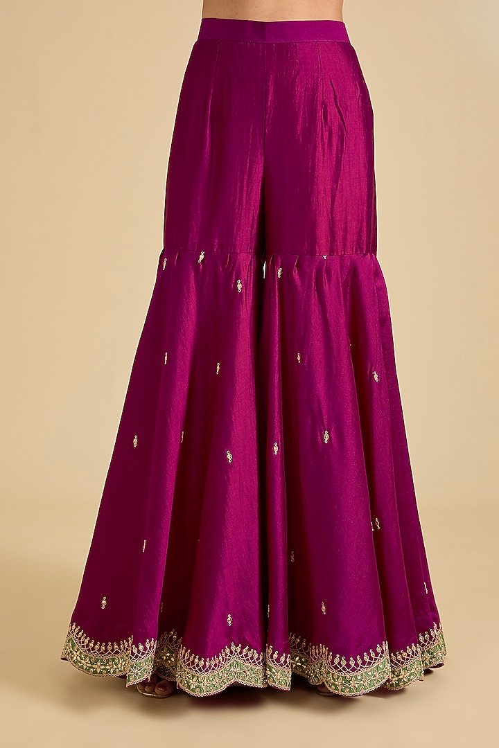 Berry Magenta Spun Silk Marori Work Wedding Sharara Set by Surbhi Shah at Pernia's Pop Up Shop