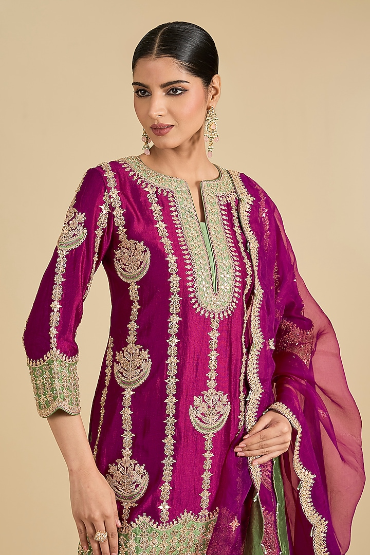 Berry Magenta Spun Silk Marori Work Wedding Sharara Set by Surbhi Shah at Pernia's Pop Up Shop