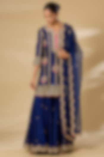 Navy Blue Spun Silk Embroidered Wedding Sharara Set by SURBHI SHAH at Pernia's Pop Up Shop