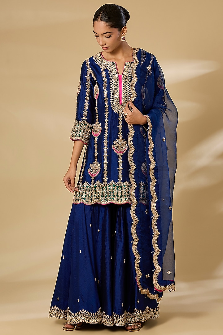 Navy Blue Spun Silk Embroidered Wedding Sharara Set by SURBHI SHAH at Pernia's Pop Up Shop