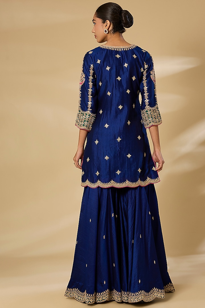 Navy Blue Spun Silk Embroidered Wedding Sharara Set by SURBHI SHAH at Pernia's Pop Up Shop