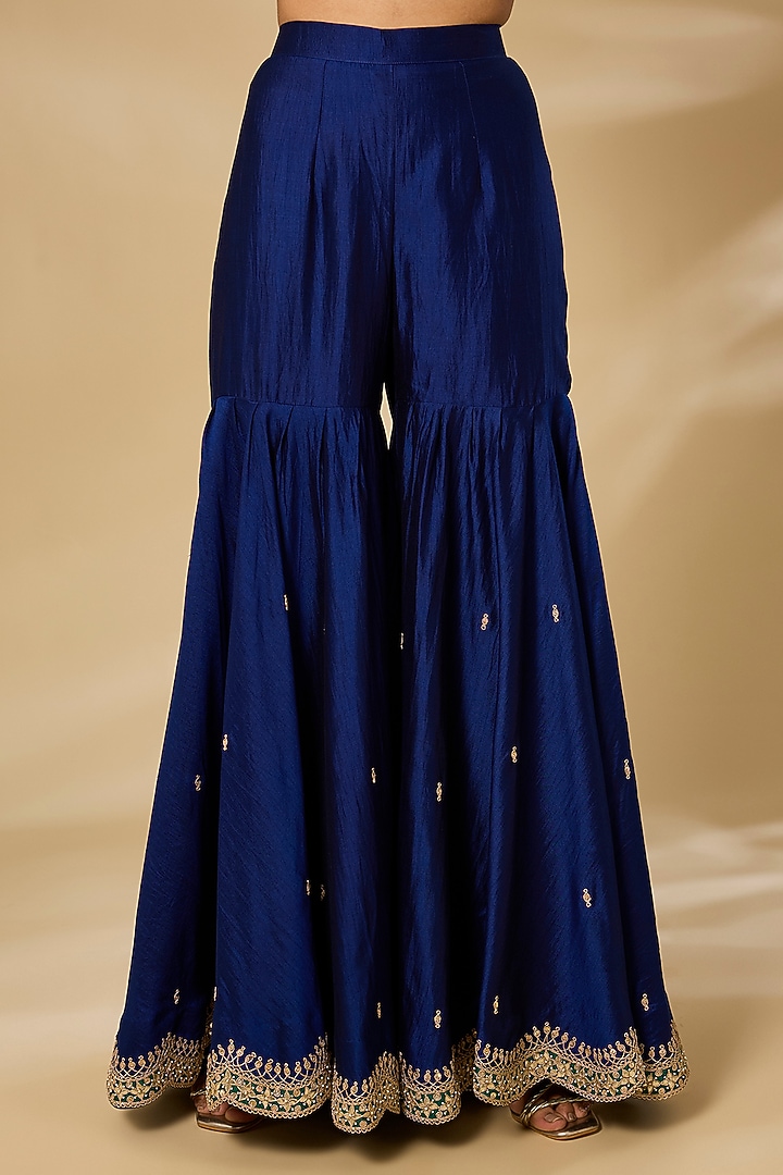 Navy Blue Spun Silk Embroidered Wedding Sharara Set by SURBHI SHAH at Pernia's Pop Up Shop