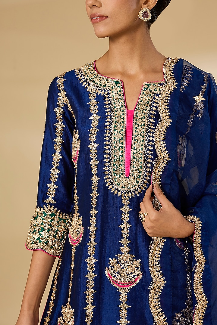 Navy Blue Spun Silk Embroidered Wedding Sharara Set by SURBHI SHAH at Pernia's Pop Up Shop