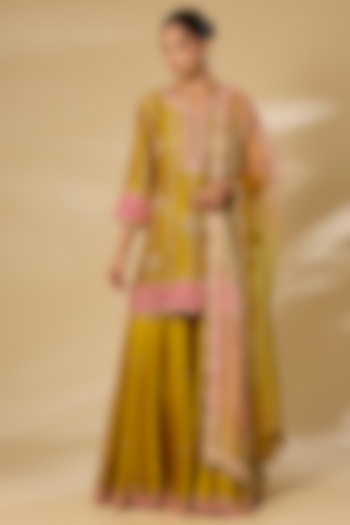 Mustard Spun Silk Embroidered Wedding Sharara Set by SURBHI SHAH at Pernia's Pop Up Shop