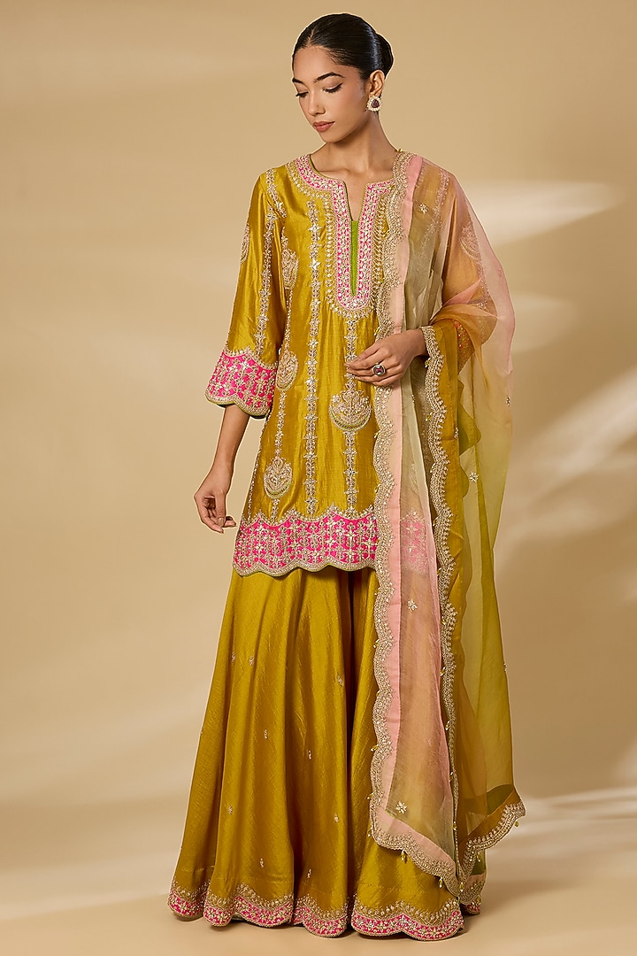 Mustard Spun Silk Embroidered Wedding Sharara Set by SURBHI SHAH at Pernia's Pop Up Shop